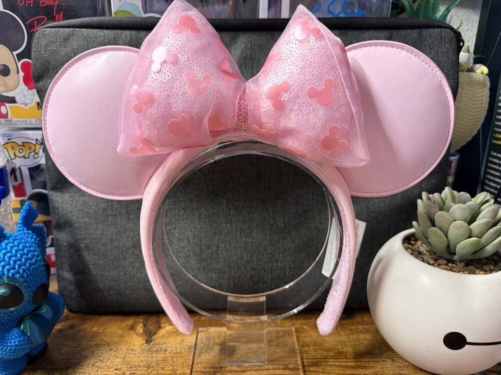 EUC Disney Parks Baby Pink Mickey Icon Organza Sequin Bow Minnie Ears